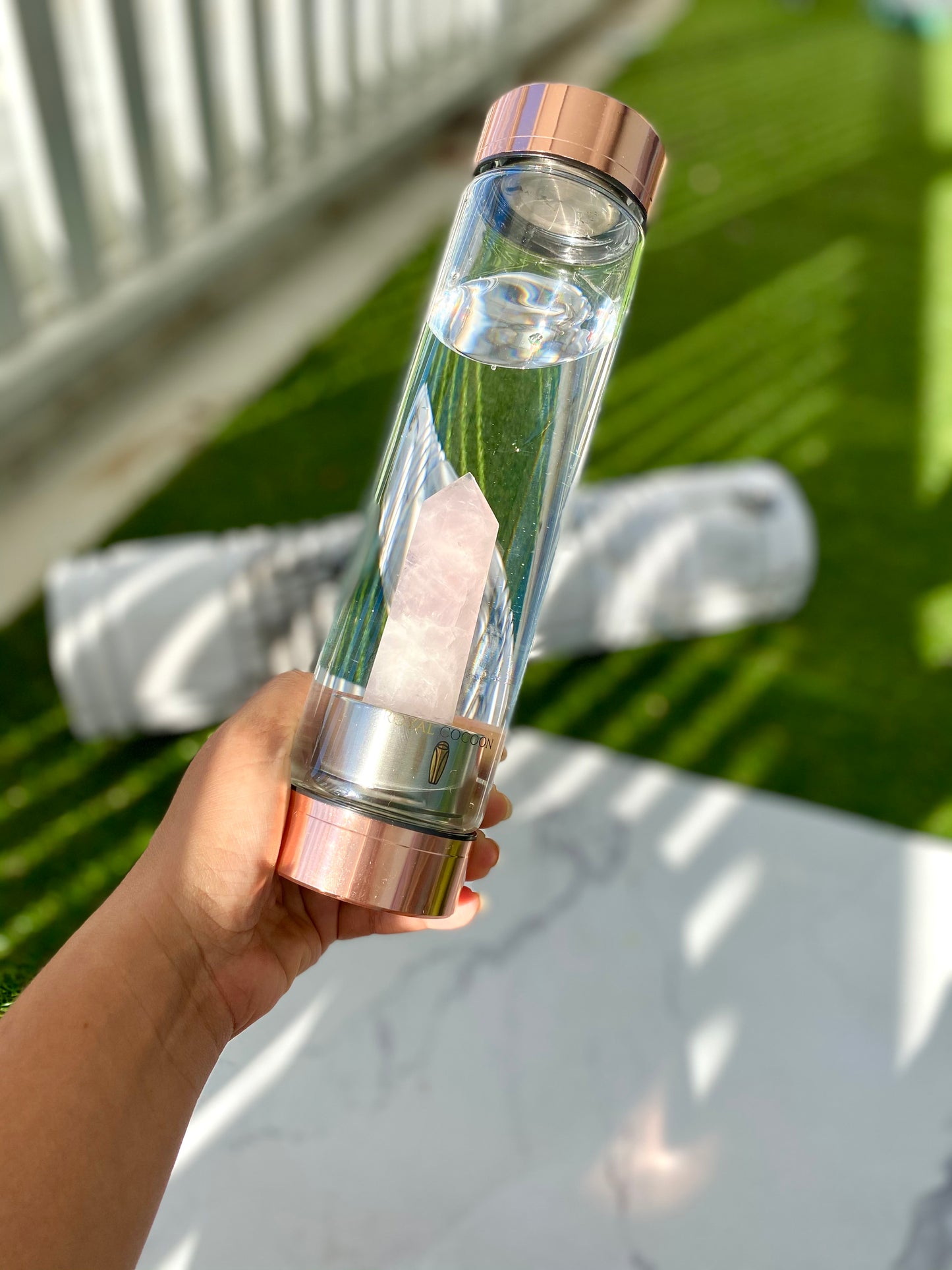 SELF-LOVE Rose Quartz ☽ Crystal Water Bottle 600ml | Rose Gold
